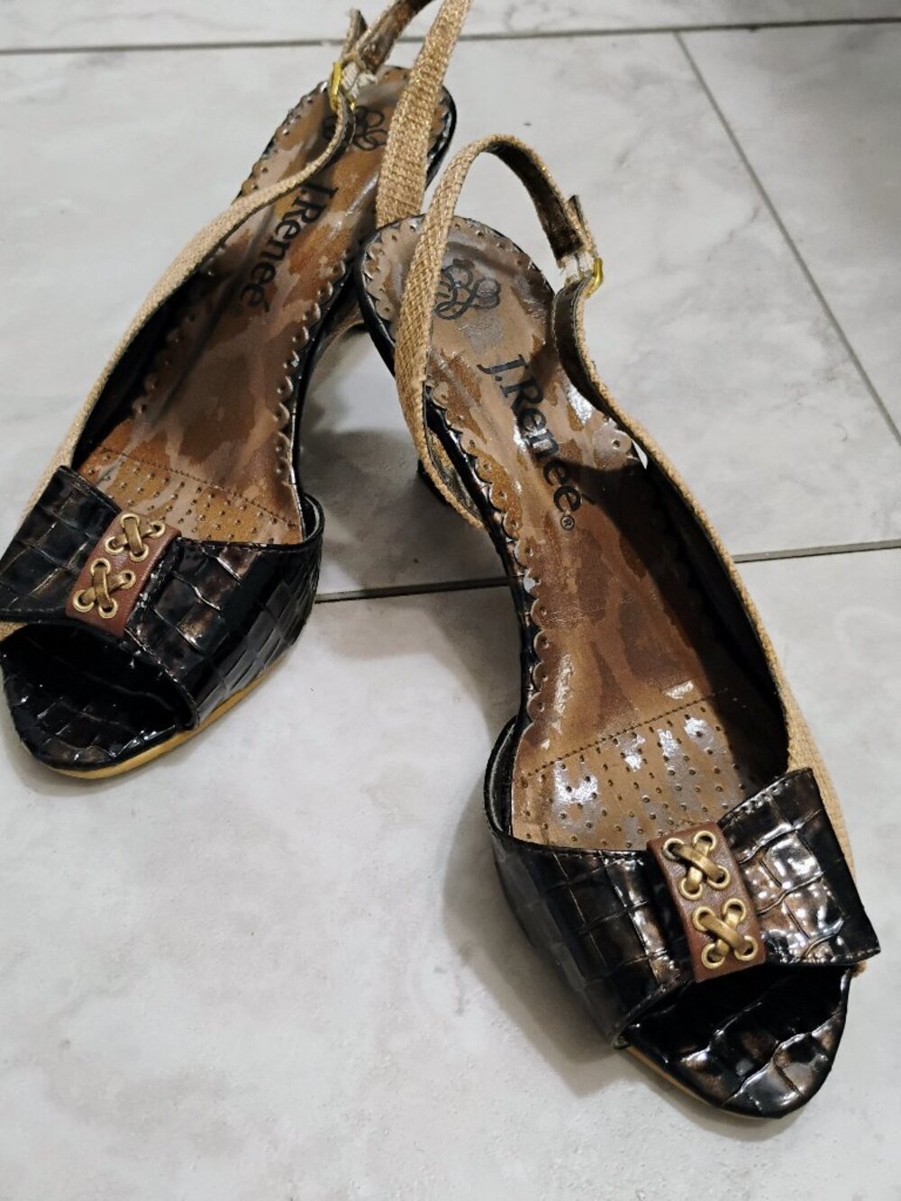 J. Renee Brown Faux Croc & Burlap Slingback Wedge Sandals Size 7
